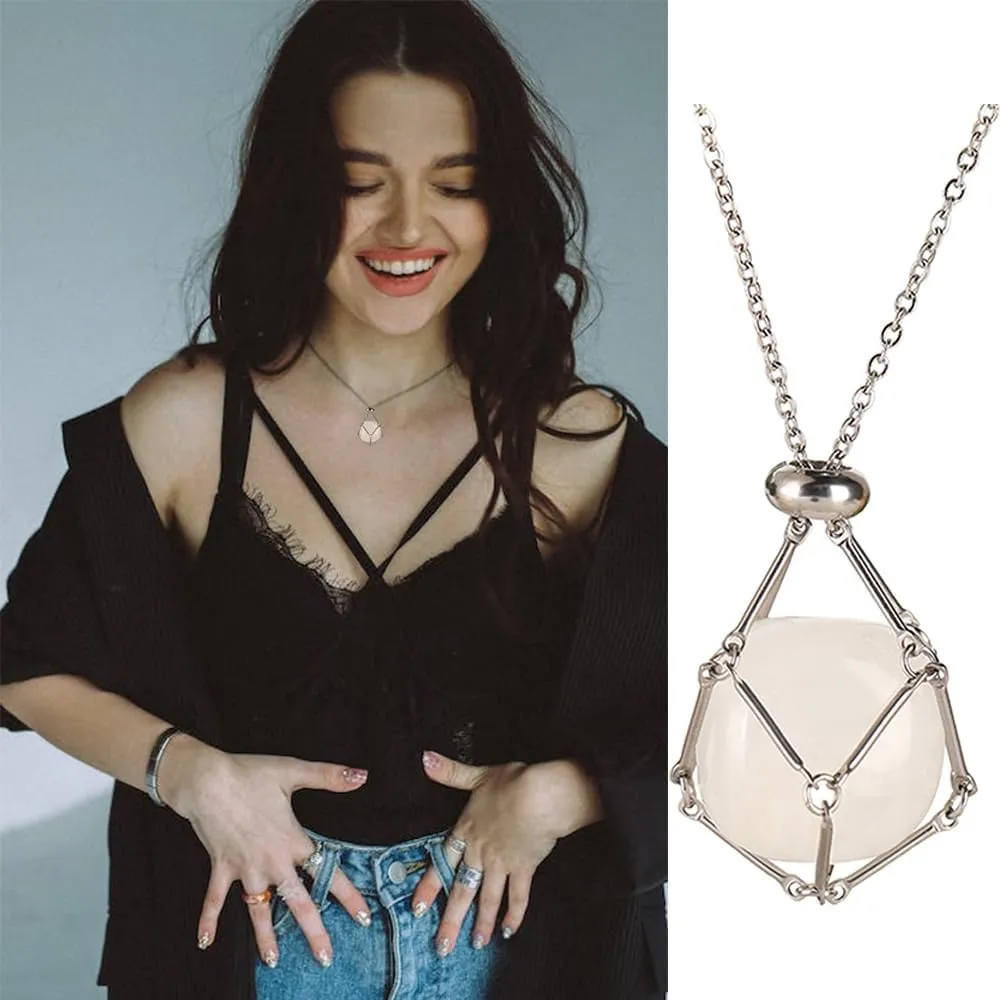 Salircon Crystal Stone Holder Necklace Cage for Women Amethyst Necklace Rose Quartz Necklace Crystal Pouch Necklace