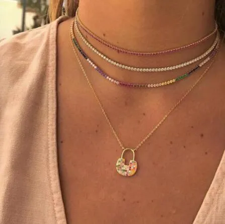 Sexy Short Sparking Rainbow Tennis Chain Chocker Necklace With AAA  CZ Fashion Personality Women Collar Jewellery bijoux femme
