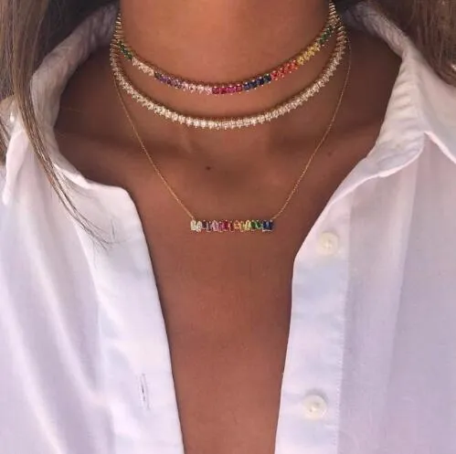 Sexy Short Sparking Rainbow Tennis Chain Chocker Necklace With AAA  CZ Fashion Personality Women Collar Jewellery bijoux femme