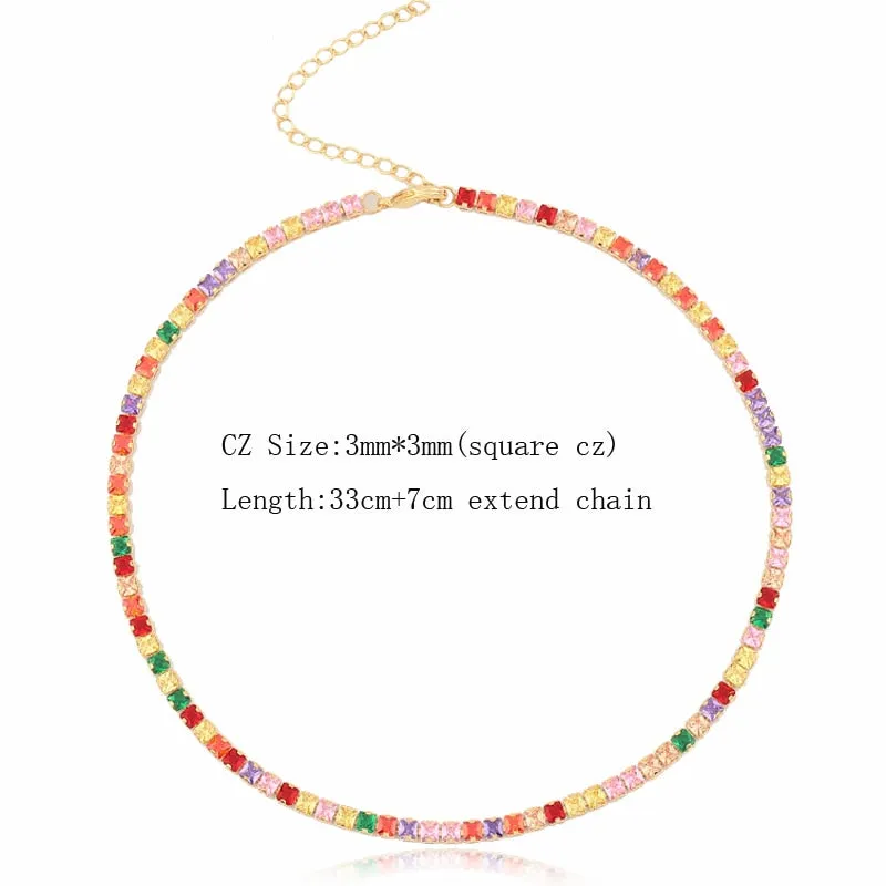 Sexy Short Sparking Rainbow Tennis Chain Chocker Necklace With AAA  CZ Fashion Personality Women Collar Jewellery bijoux femme