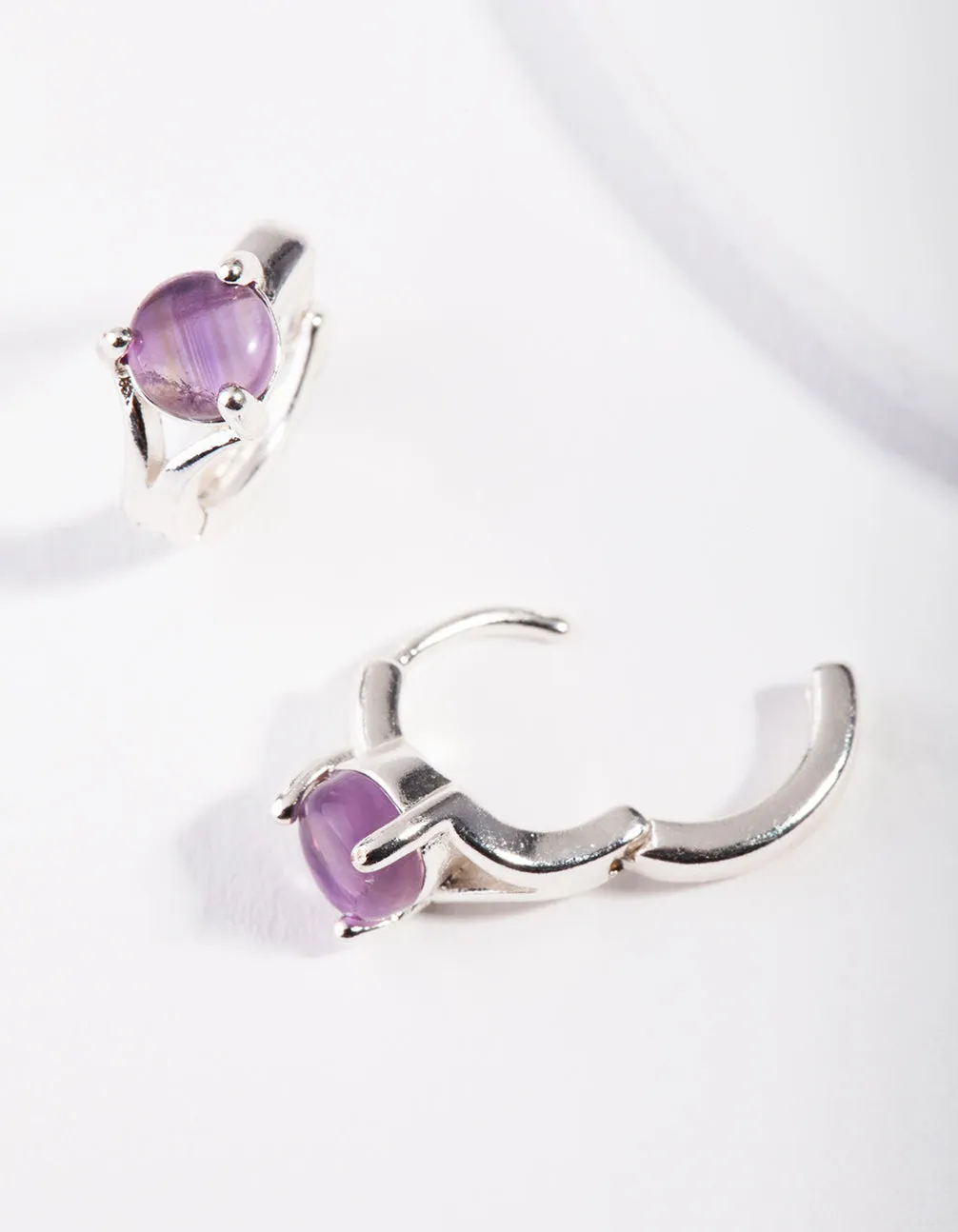 Silver Amethyst Center Stone Huggie Earrings