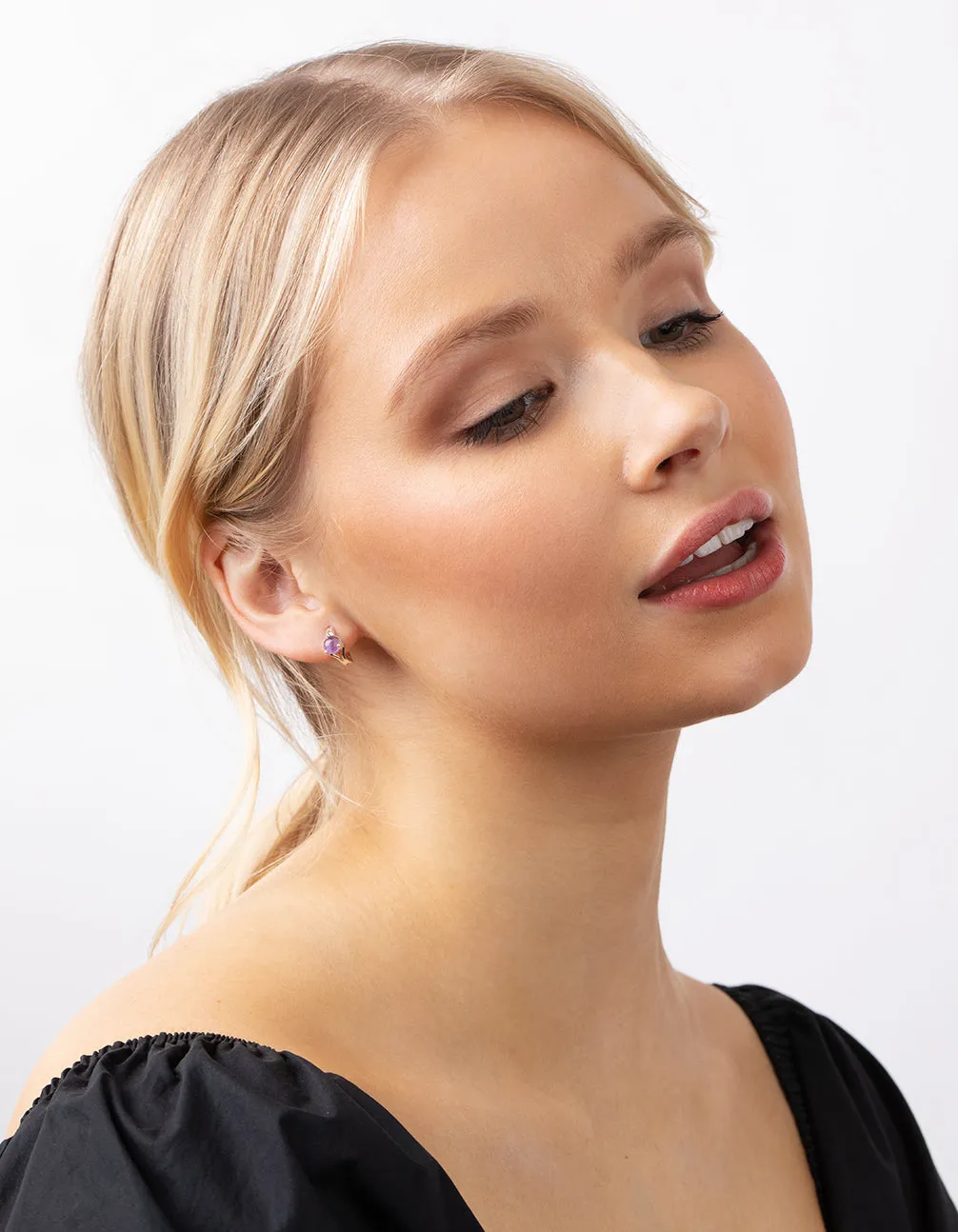 Silver Amethyst Center Stone Huggie Earrings