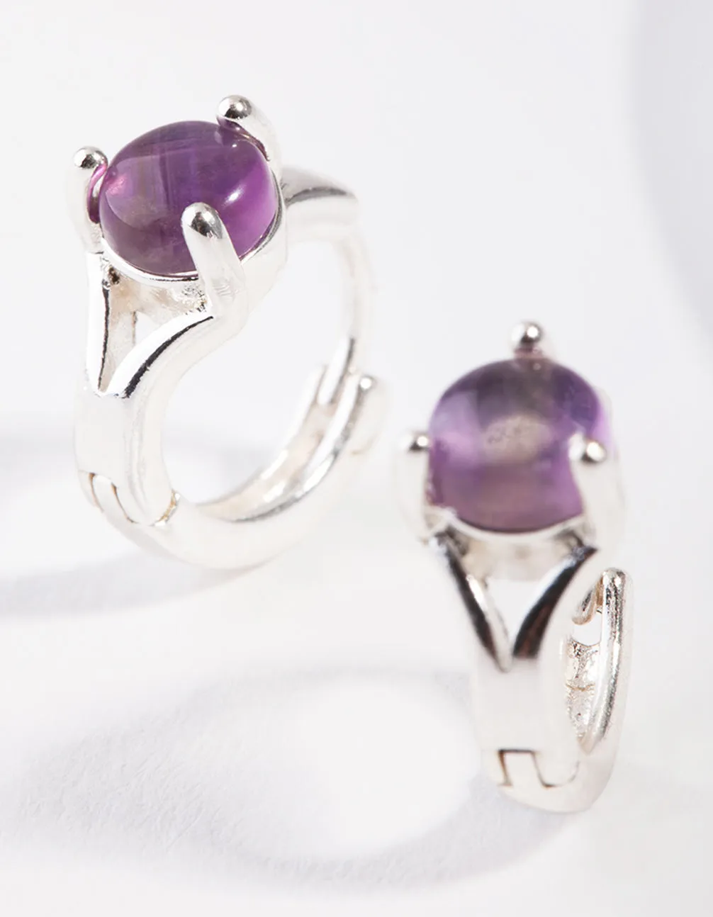 Silver Amethyst Center Stone Huggie Earrings