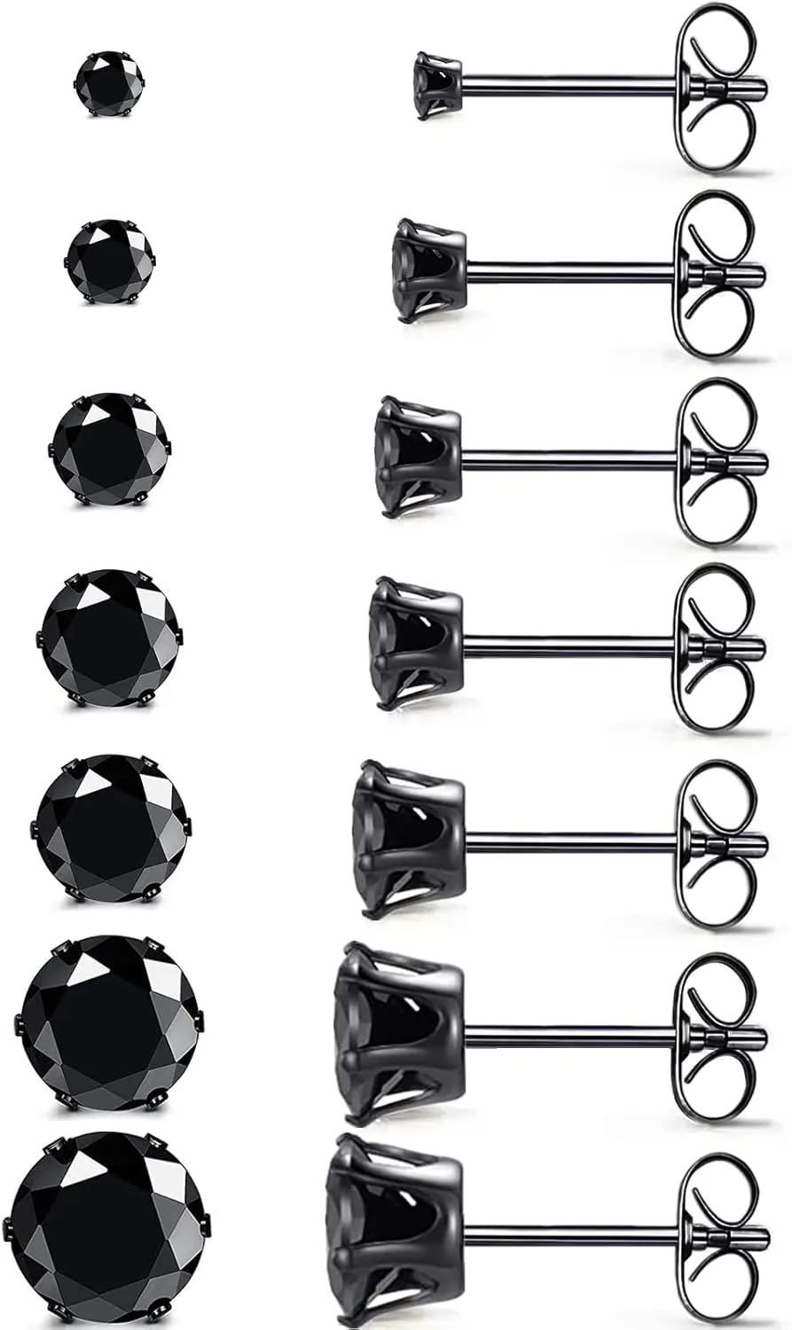 Silver Square Round Stud Earrings Set 7 Pairs Hypoallergenic Cubic Zirconia Diamond Titanium Stainless Steel Silver Gold Black CZ Cartilage Stud Earrings Jewelry Set for Women Men, 2-8mm Studs Earring