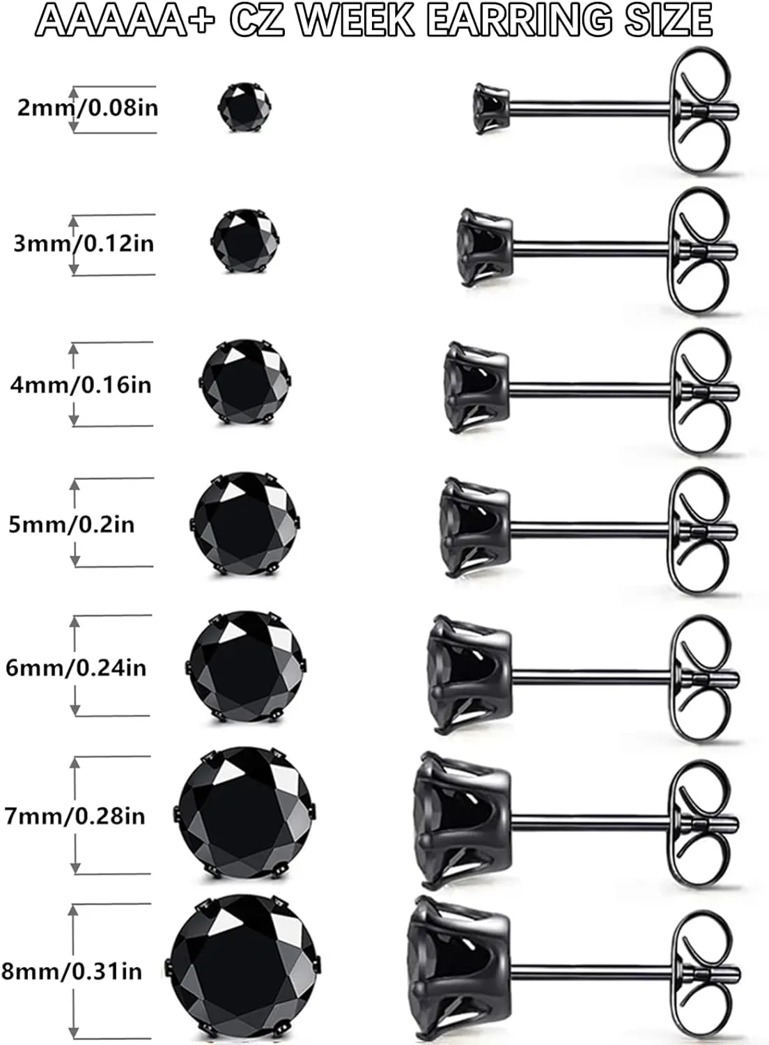 Silver Square Round Stud Earrings Set 7 Pairs Hypoallergenic Cubic Zirconia Diamond Titanium Stainless Steel Silver Gold Black CZ Cartilage Stud Earrings Jewelry Set for Women Men, 2-8mm Studs Earring