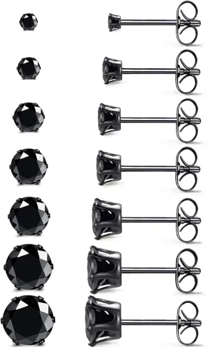 Silver Square Round Stud Earrings Set 7 Pairs Hypoallergenic Cubic Zirconia Diamond Titanium Stainless Steel Silver Gold Black CZ Cartilage Stud Earrings Jewelry Set for Women Men, 2-8mm Studs Earring