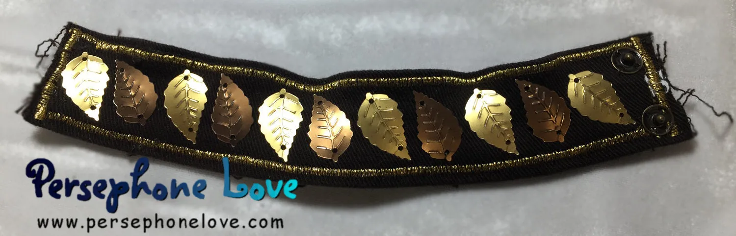 TWO Brown gold metallic embroidered upcycled leaf motif denim cuff bracelets