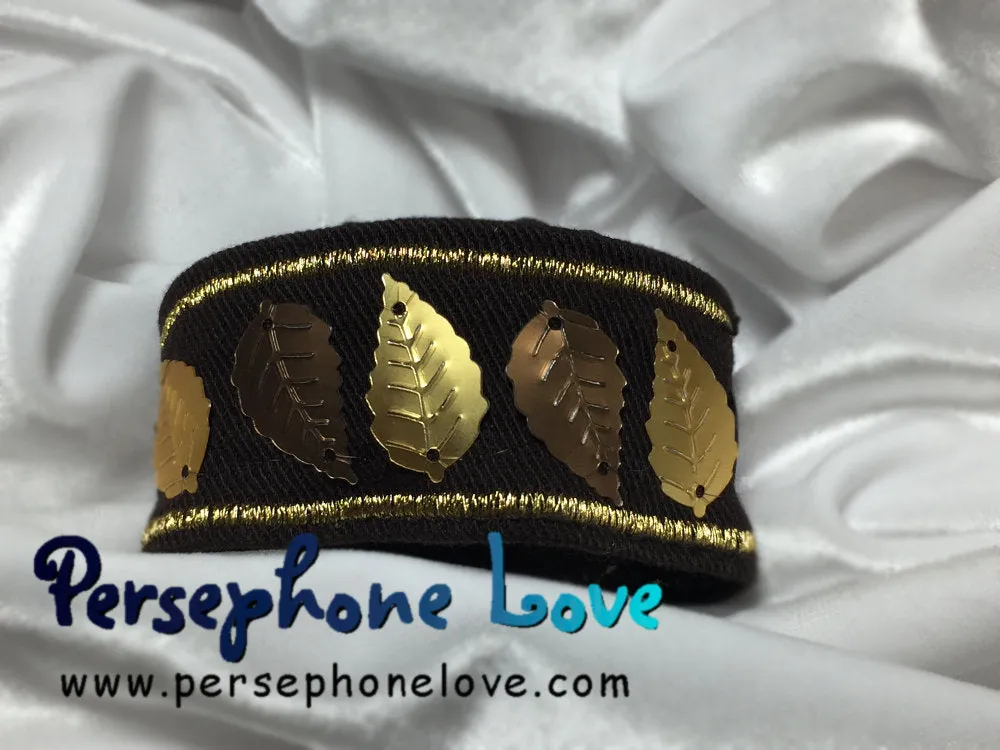 TWO Brown gold metallic embroidered upcycled leaf motif denim cuff bracelets